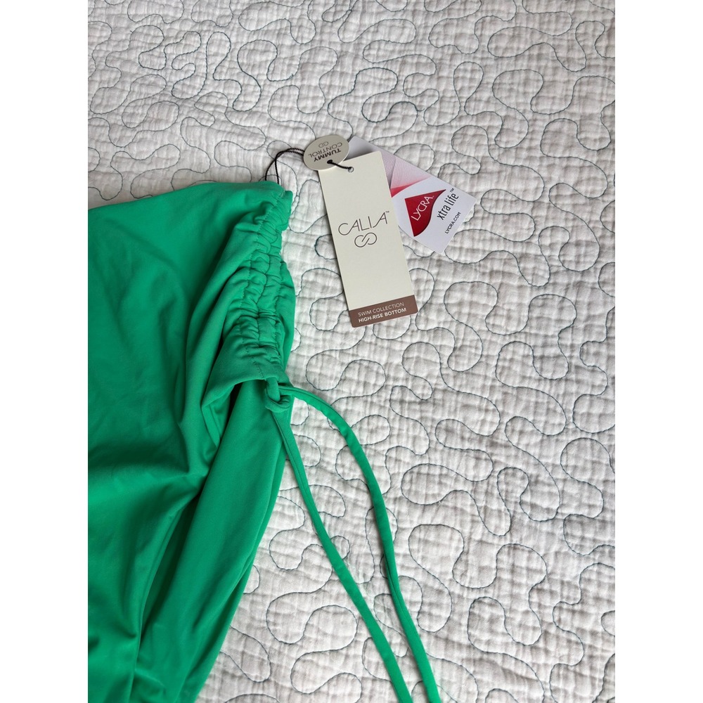 Calia Womens Ruched Side Tie High Rise Bikini Bottom Green Glow Small - Picture 3 of 5